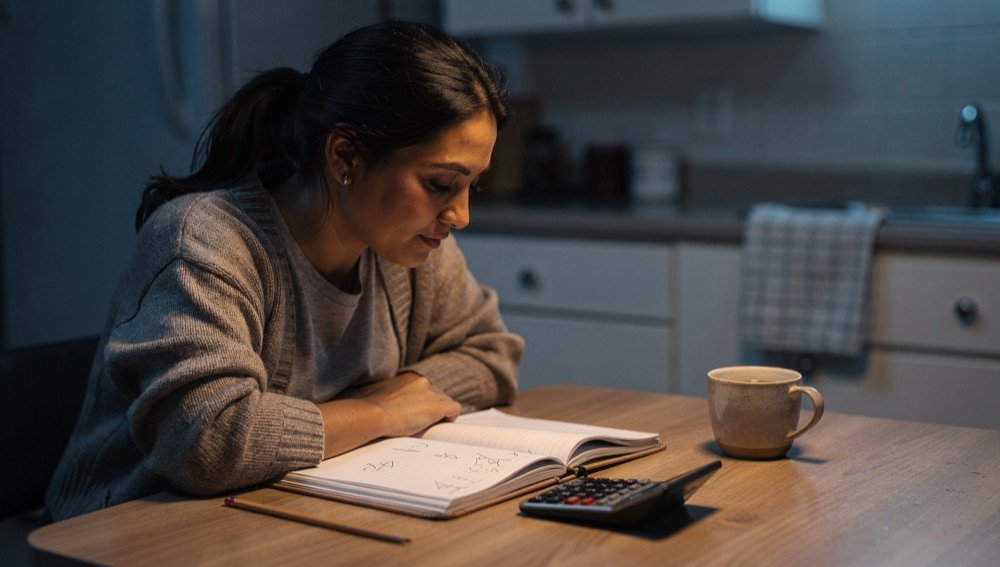 An adult learner works through a math workbook at her kitchen table at night.