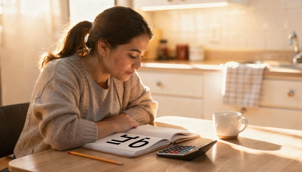 An adult learner works through a math workbook at her kitchen table at night.