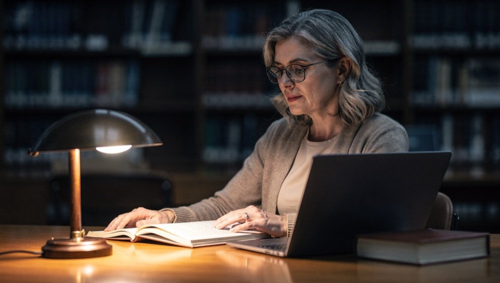 An adult learner reads at a quiet library table.