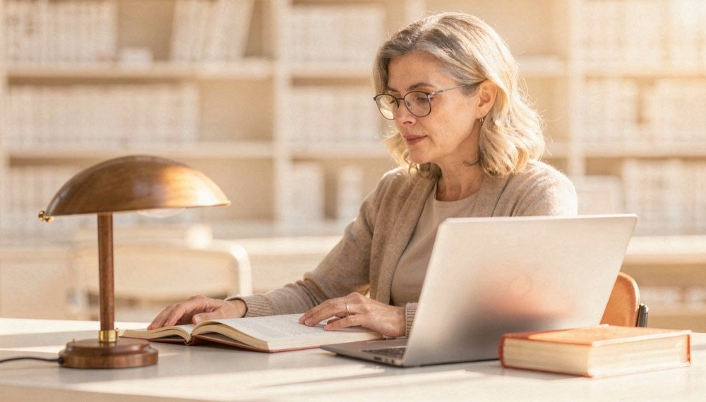 An adult learner reads at a quiet library table.