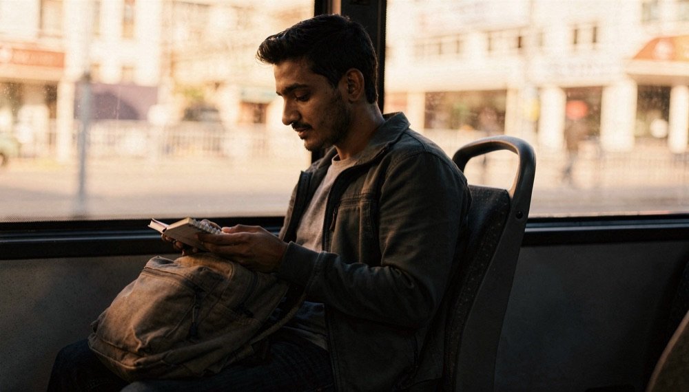 An adult learner studies notes on the bus ride home.