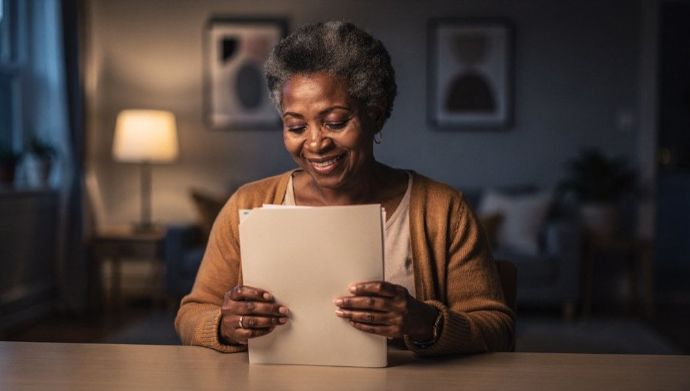 An adult learner smiles, holding her certificate at home.