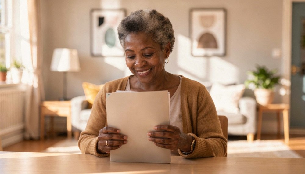 An adult learner smiles, holding her certificate at home.